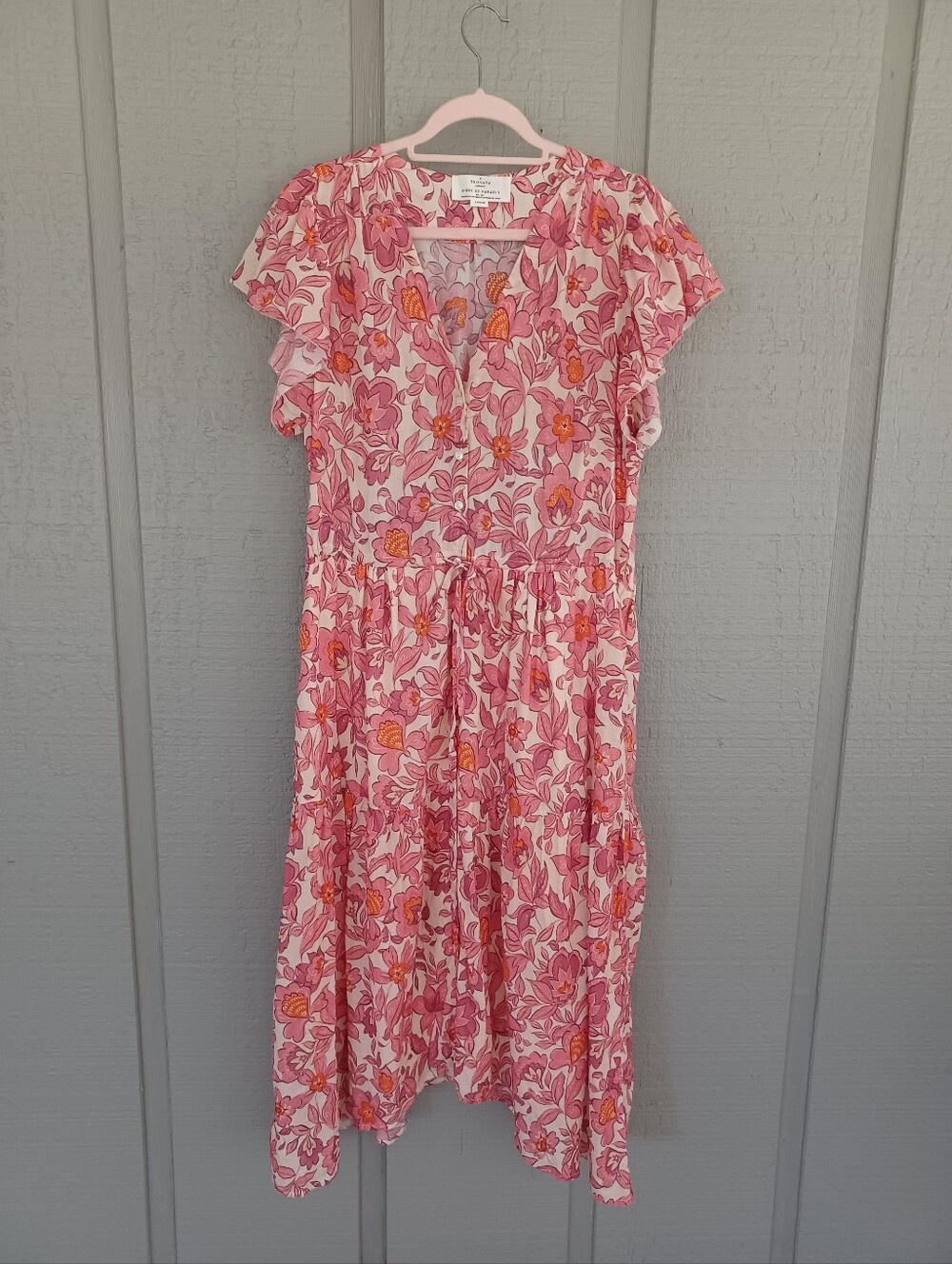 Trovata Birds of Paradise Floral Midi Dress Size L Cotton Pocket Button Preppy